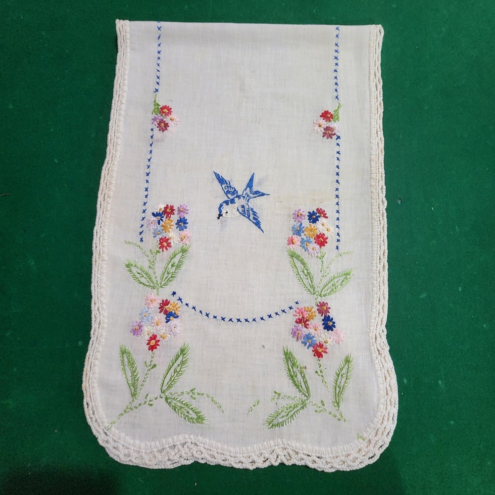 Antique Hand Embroidered Table Runner Bluebird Floral Crochet Lace Trim 36x11